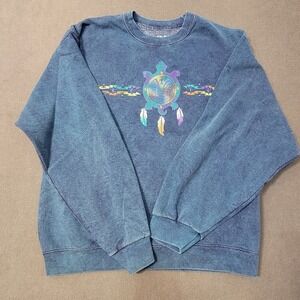 EUC Vintage 90s Fruit of the Loom Turtle Graphic Sweatshirt Blue Mineral Wash LG